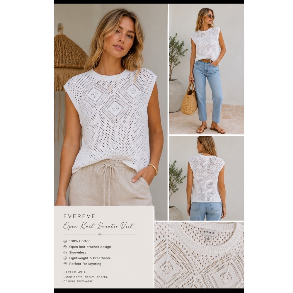 EVEREVE‎ Open Knit Sweater Vest White Cotton Crochet Diamond Geometric Large